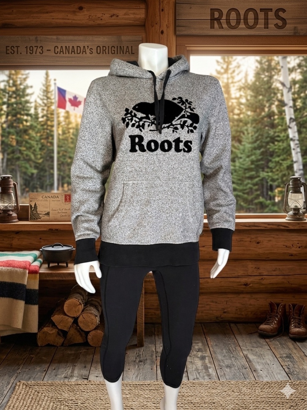 Roots Salt & Pepper Chenille Logo Hoodie Grey Black Size S